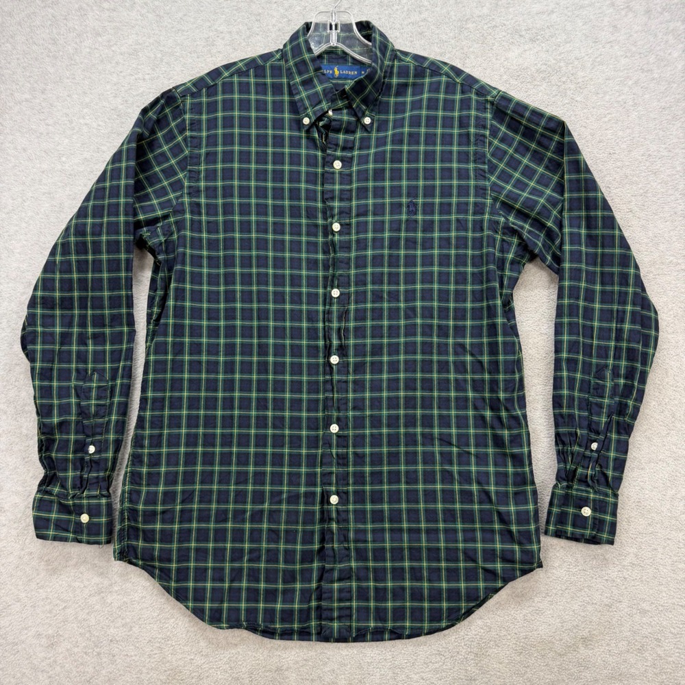 Ralph Lauren Shirt‎ Mens Medium Green Navy Tartan Plaid Long Sleeve Oxford